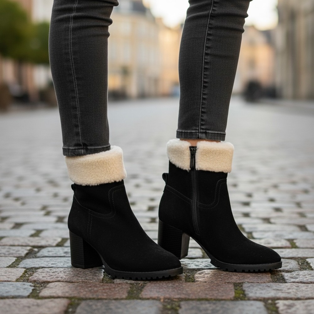 Blondo Tia Waterproof Suede Ankle Boots Women Black Faux Fur Block Heel 10M